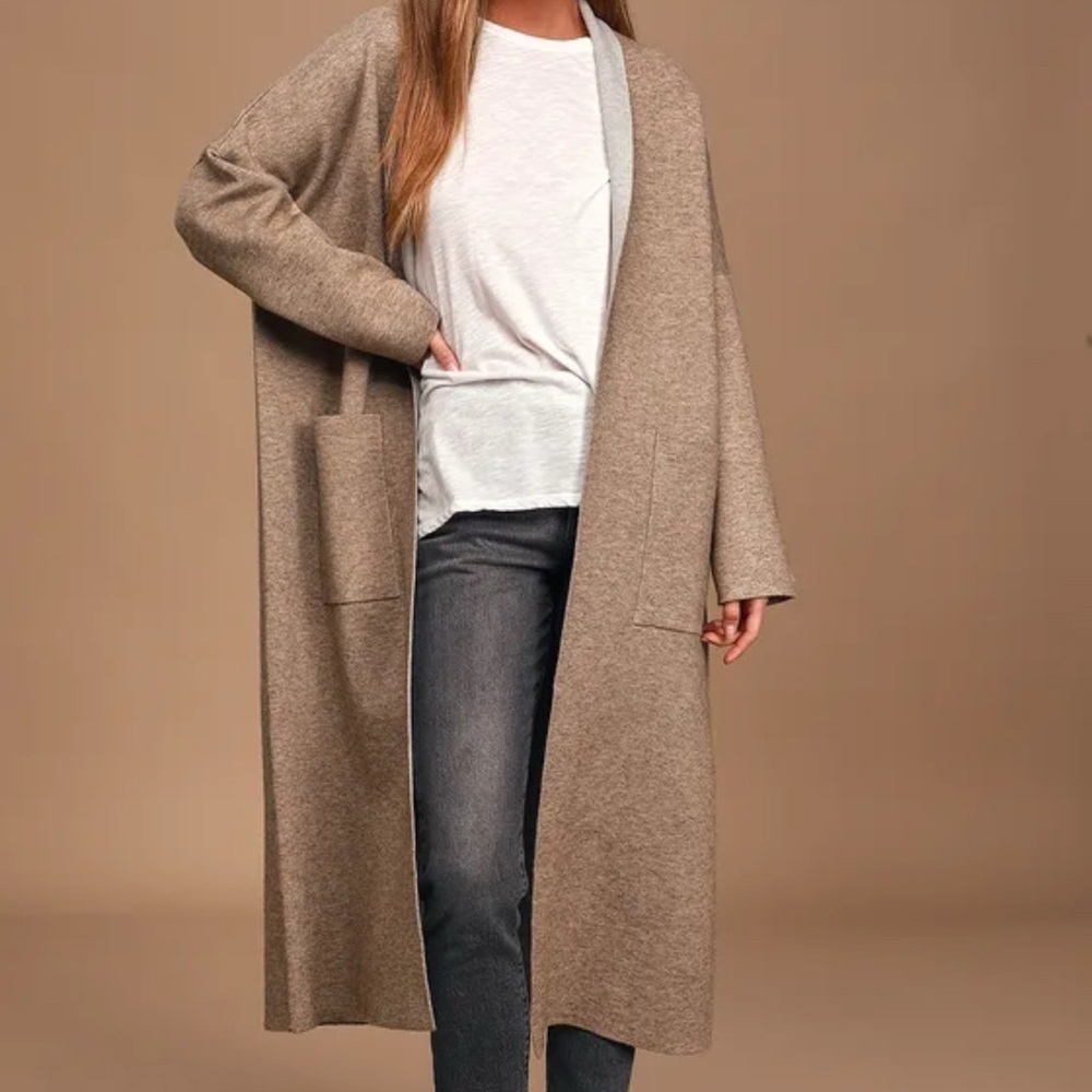 Lulu's Long Open-Front Duster Cardigan in Taupe